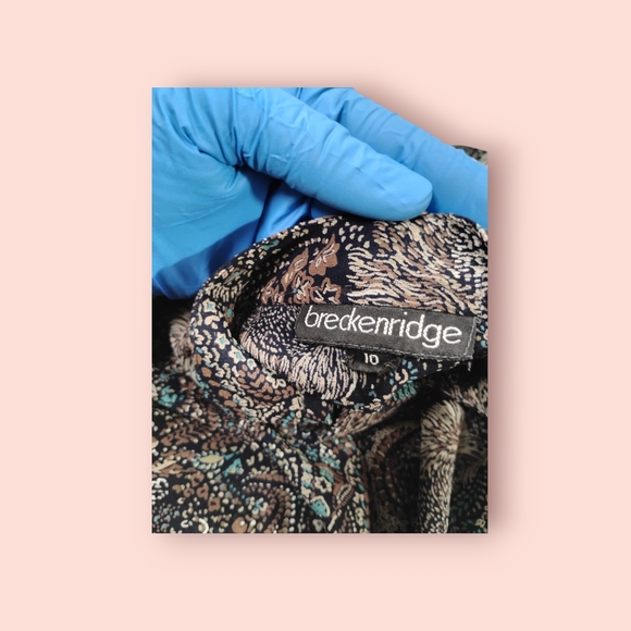 breckenridge Sheer Brown Lion Print Paisley Ruffle Neck Blouse - Picture 2 of 7